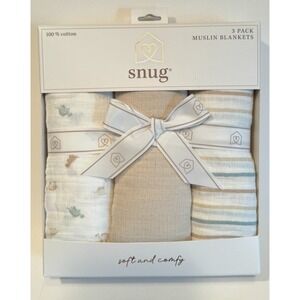 NEW Snug 3-Pack 100% Cotton Muslin Blankets Gift Set Dinosaurs Stripes Solid 40"